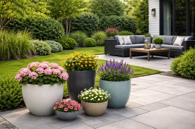 Uređeno moderno dvorište sa sivom popločanom terasom, nekoliko velikih saksija različitih veličina sa cvećem i garniturom za sedenje u pozadini