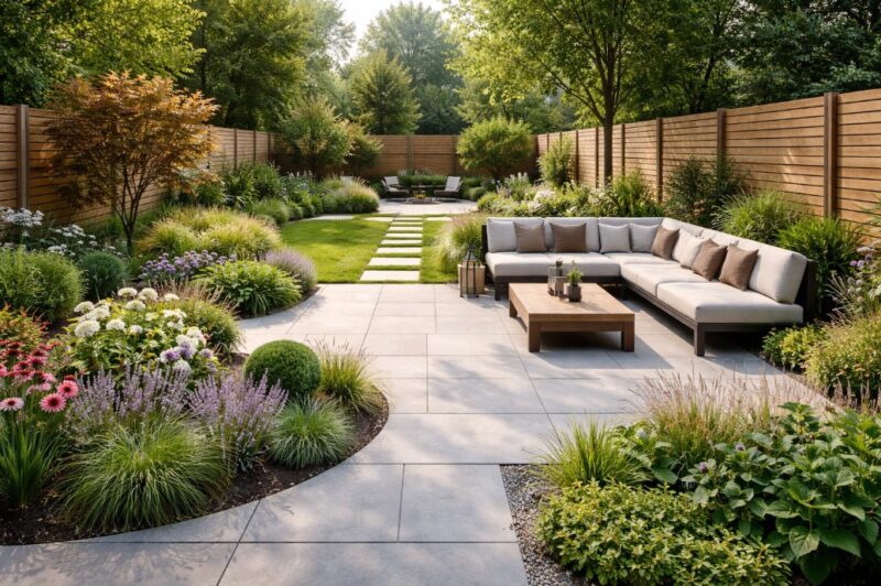 Savremeno dvorište sa minimalističkim popločanim delom, ugaonom garniturom za sedenje, urednim travnjakom i diskretno raspoređenim višegodišnjim biljkama poput lavande i ukrasnih trava, okruženo drvenom ogradom.