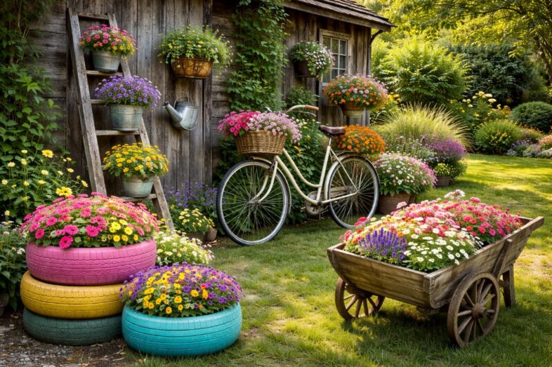 Rustično dvorište sa starim drvenim kolicima, biciklom, merdevinama i ukrašenim gumama, sve dekorisano raznobojnim cvećem.