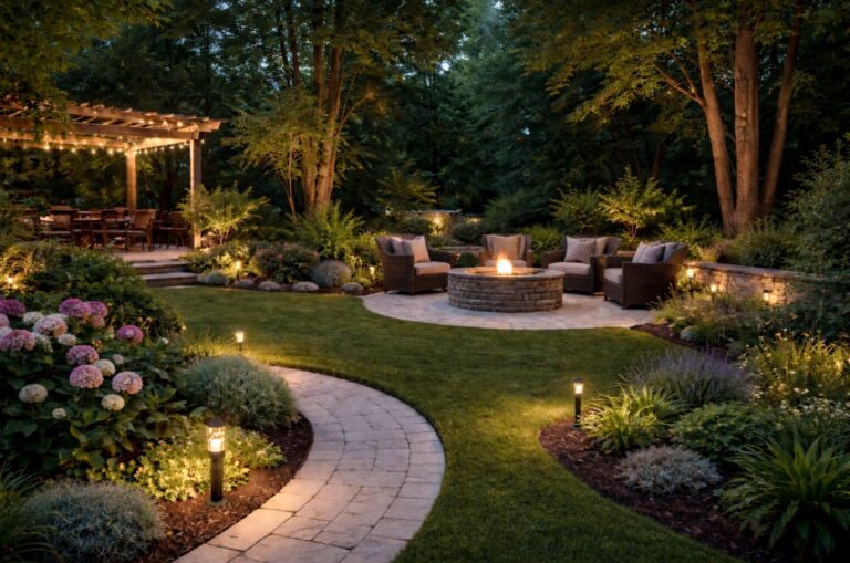 Uređeno dvorište sa zakrivljenom stazom, zelenilom, niskom diskretnom rasvetom uz stazu i centralnim ognjištem sa garniturom za sedenje