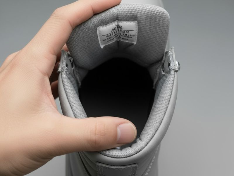 osoba čita natipis na etiketi na radnim cipelama, siva pozadina i siv model cipela