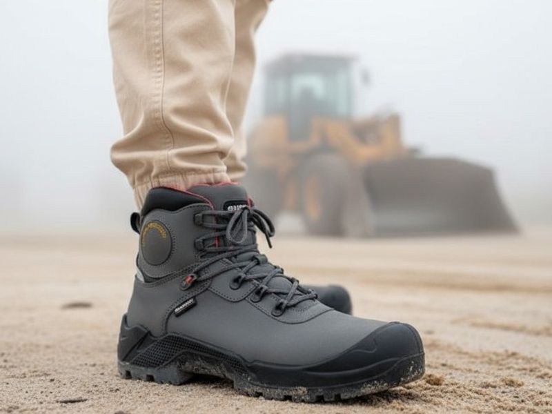 momak na gradilištu u radnim cipelama, iza njega sotji bager