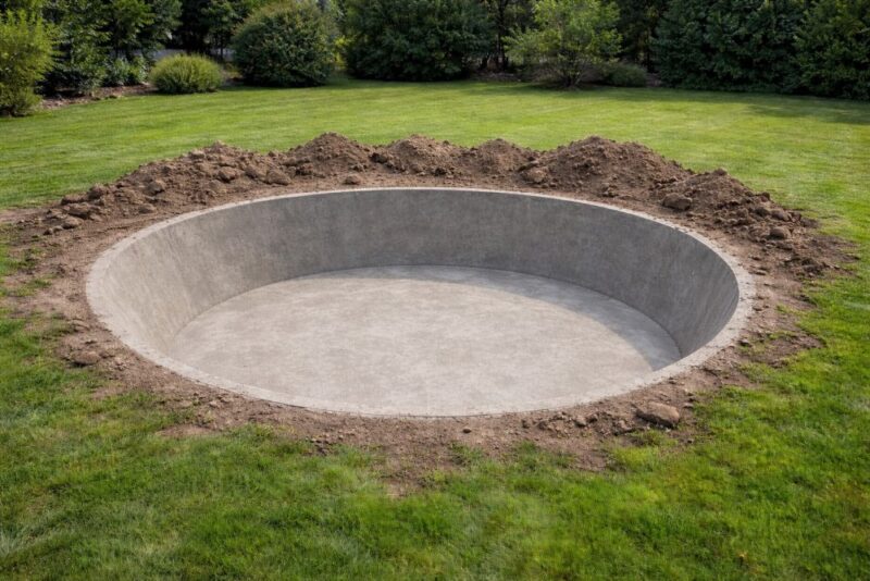 Betonski ribnjak ugrađen u dvorištu pre punjenja vodom