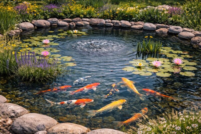 Koi šarani plivaju u dvorišnom ribnjaku sa lokvanjima i vodenim biljkama