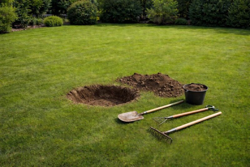 Iskopana jama za ribnjak u dvorištu sa baštenskim alatom pored