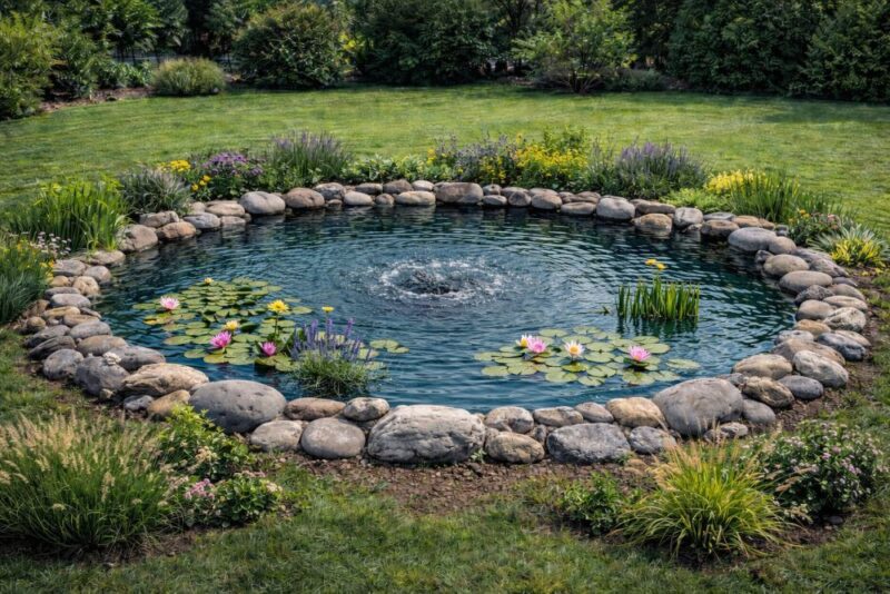 Dvorišni ribnjak okružen vodenim i obalnim biljkama