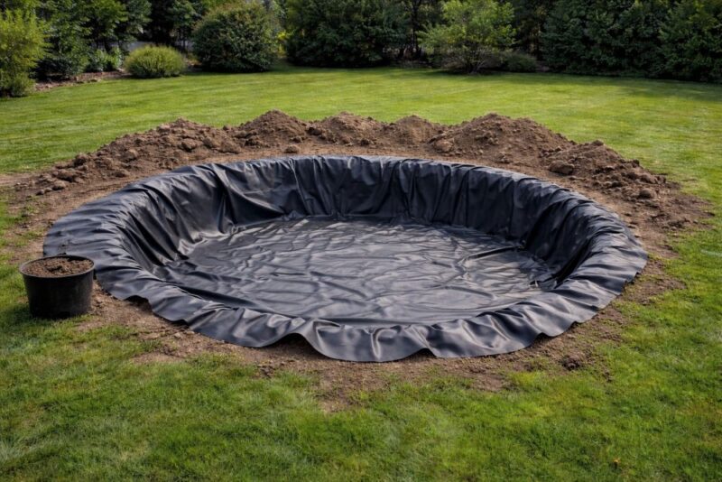 Folija za ribnjak pažljivo raspoređena u iskopanoj jami u dvorištu