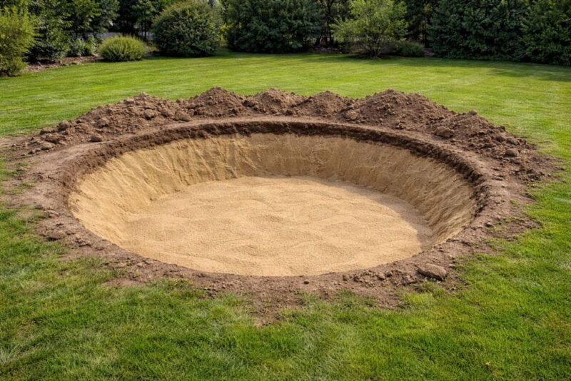 Iskopana jama za ribnjak sa slojem peska na dnu kao zaštitom za foliju