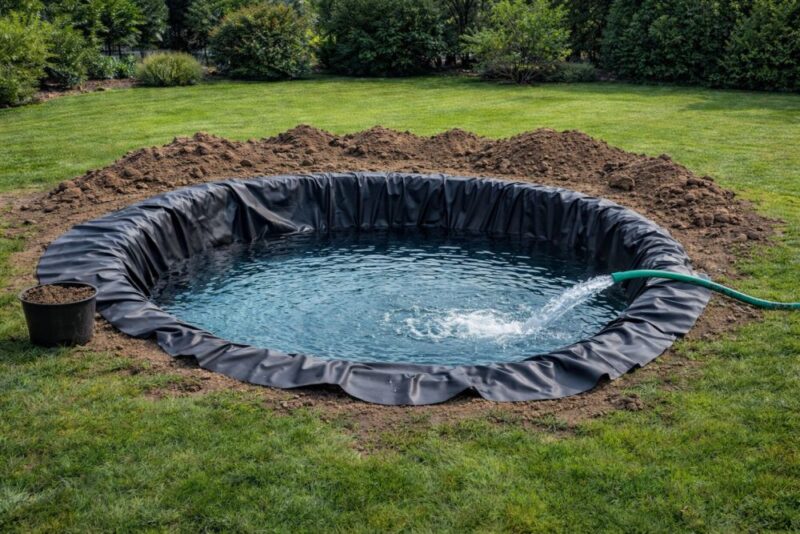 Dvorišni ribnjak sa postavljenom folijom tokom punjenja vodom