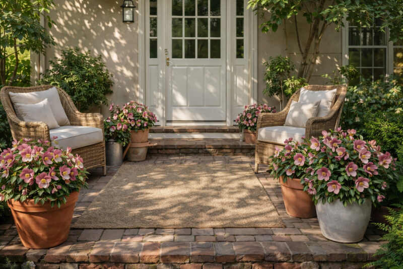 Uređena terasa ispred ulaza u kuću sa dve pletene fotelje, saksijama helleborusa sa ružičastim cvetovima i blagom senkom drveća