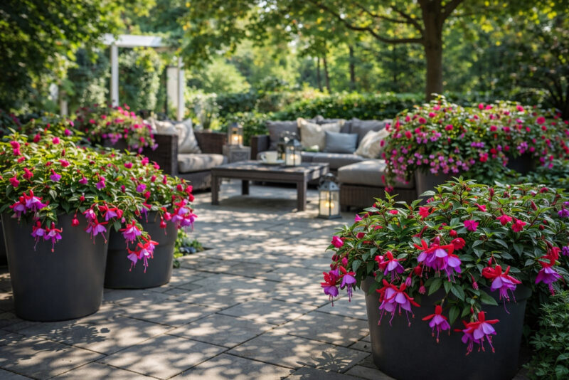 Uređena terasa sa baštenskim nameštajem i velikim žardinjerama punim cveta fuksije u delimičnoj hladovini drveća