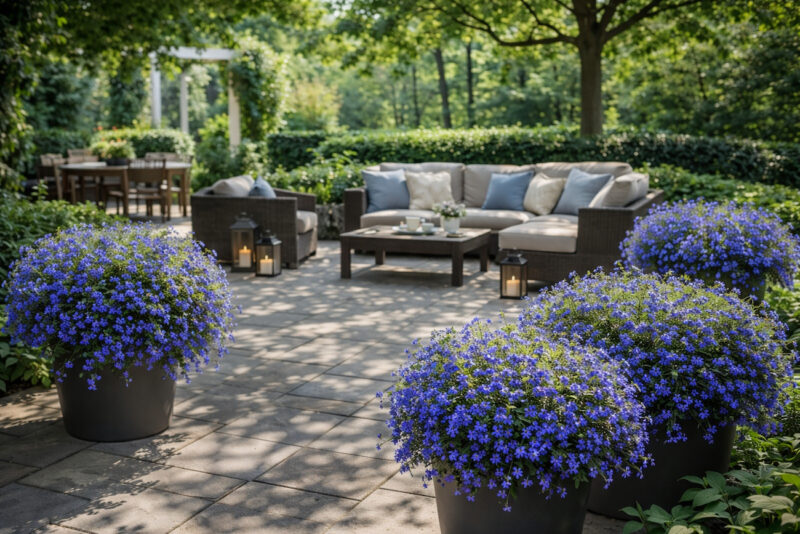 Moderno uređena terasa sa garniturom za sedenje i velikim saksijama ispunjenim plavom lobelijom u delimičnoj hladovini vrta