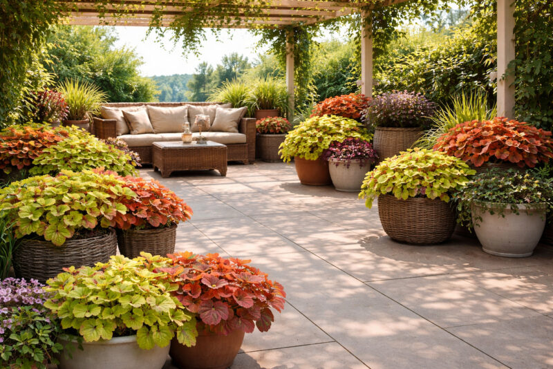 Prostrana terasa sa saksijama ukrasne biljke koralni zvončići heuchera u delimičnoj hladovini pergole